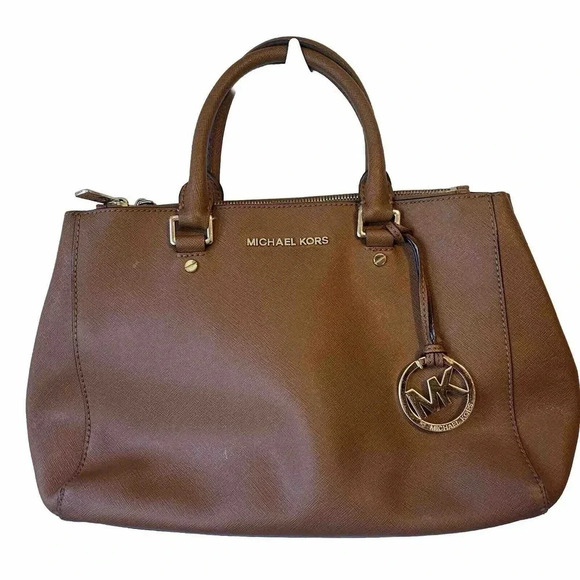 Michael Kors Tan Hang Bag Satchel MK Signature - Picture 1 of 12